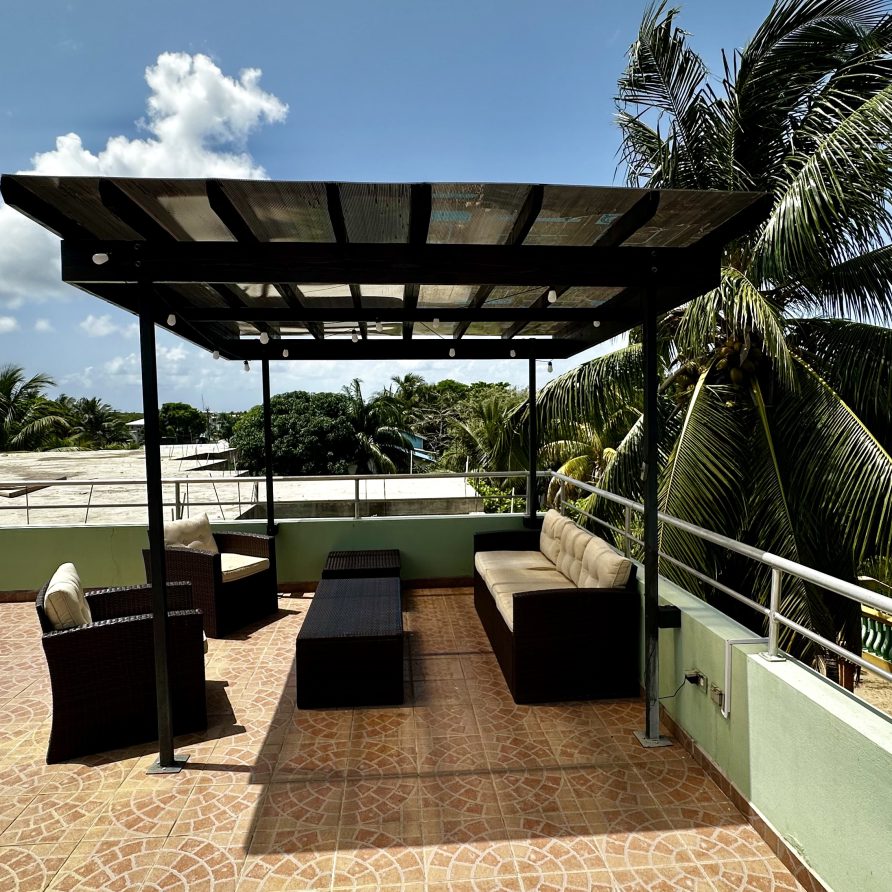 MeMe's Place Estate rooftop terrace with pergola, palm tree and lounge seating