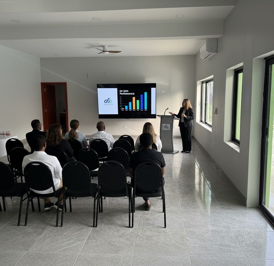 MeMe's Place Estate event hall set up for a corporate presentation with seated audience