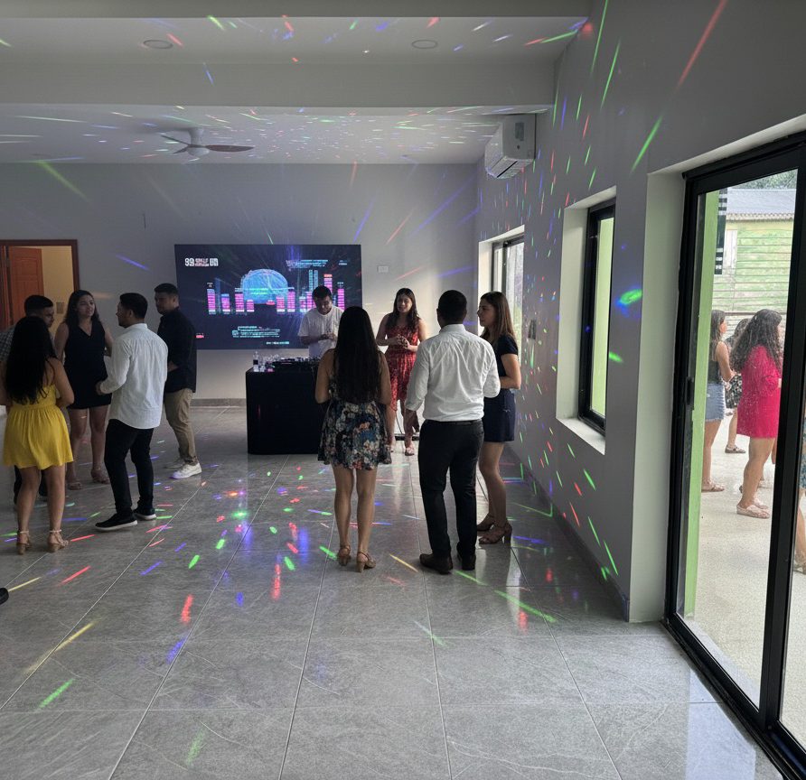 MeMe's Place event hall set up for a dance party with disco lights and pool view