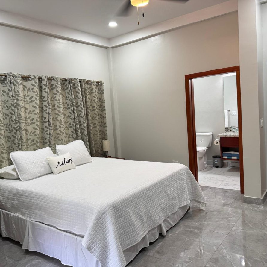 Toucan Room king bed with white linens, 'relax' pillow and ensuite bath visible