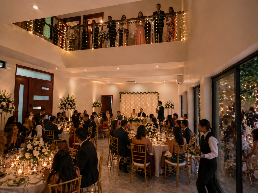 Private Event Venue in Placencia — MeMe's Place 7 Guests toasting during an indoor wedding reception at MeMe's Place Placencia — round tables with gold Chiavari chairs, upper mezzanine balcony overlooking the room, candlelight on every table.