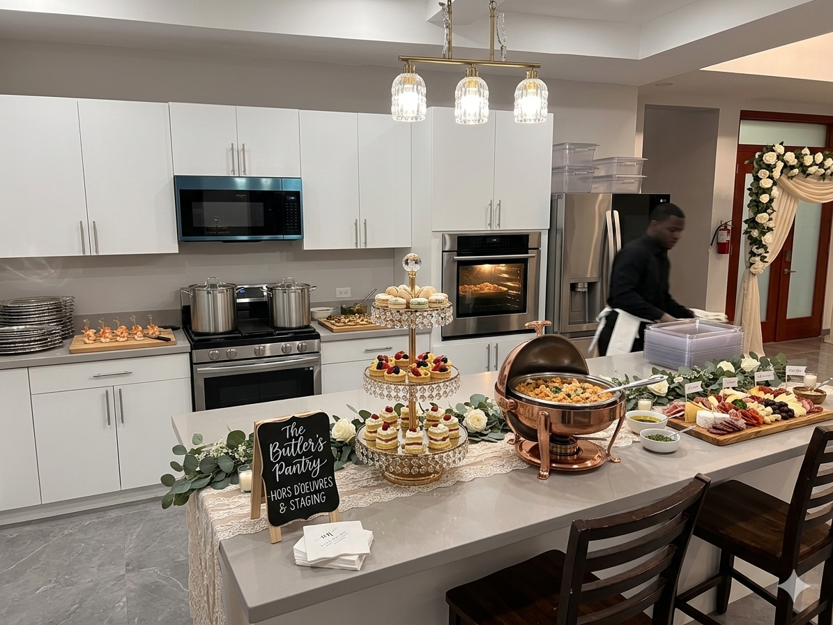 Private Event Venue in Placencia — MeMe's Place 4 MeMe’s Place Butler’s Pantry prep kitchen staged with hors d’oeuvres and catering service during a private event.