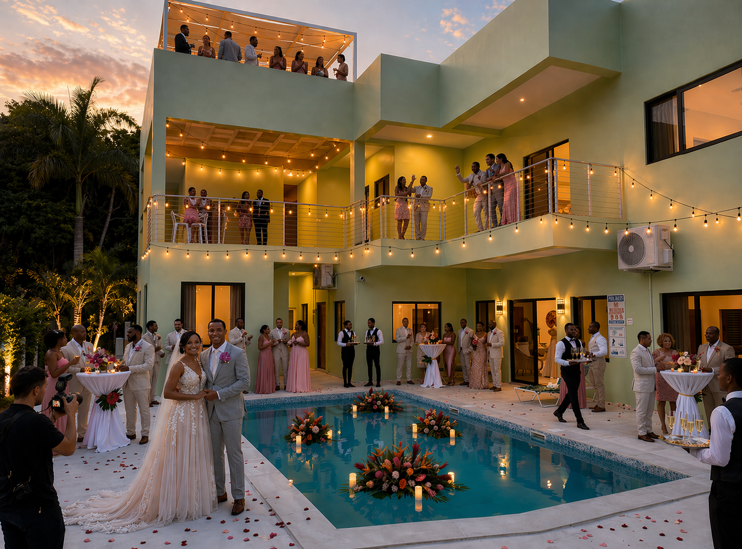 Private Event Venue in Placencia — MeMe's Place 5 Design render — wedding couple at the MeMe’s Place pool area with guests on two tiers of balconies above, floating floral centerpieces and candles in the pool.