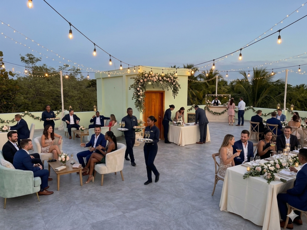 Private Event Venue in Placencia — MeMe's Place 6 Cocktail reception on the MeMe's Place rooftop at dusk: string lights strung overhead, seated and lounge groupings, servers circulating with trays, floral arch at the back wall.