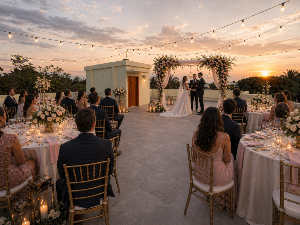 Private Event Venue in Placencia — MeMe's Place 10 Design render — sunset wedding ceremony on the MeMe's Place rooftop with floral arch, string lights, and guests at candlelit tables overlooking the Placencia treeline.
